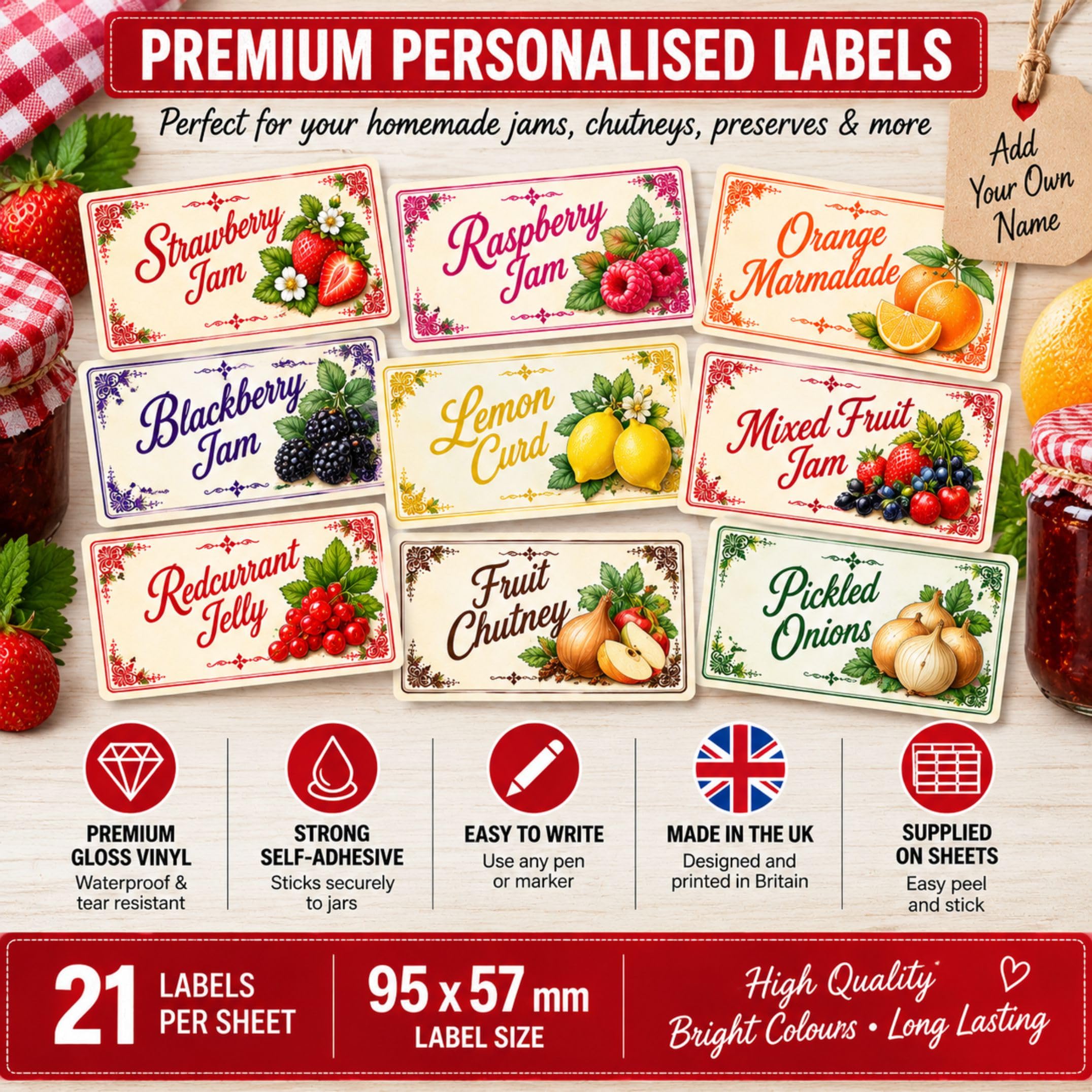 21 Personalised Fruit Chutney Jar Labels – Homemade Preserve Stickers – Add Your Own Name