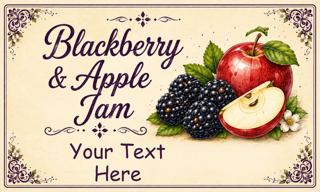 Personalised blackberry & apple jam labels, 21 premium gloss vinyl stickers, 95 x 57mm