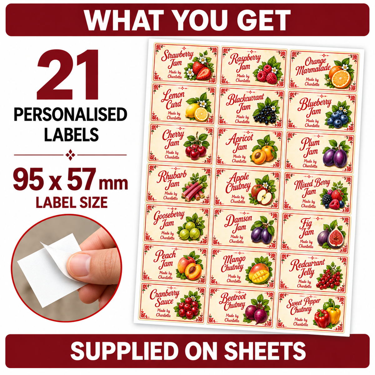 Personalised blackberry & apple jam labels, 21 premium gloss vinyl stickers, 95 x 57mm
