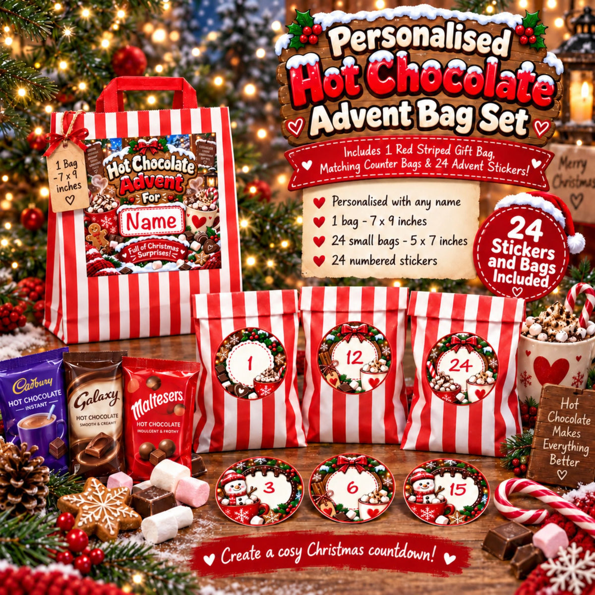 Personalised Hot Chocolate Advent Bag Set – 24 Bags & Numbered Stickers – Any Name – Contents Not Included