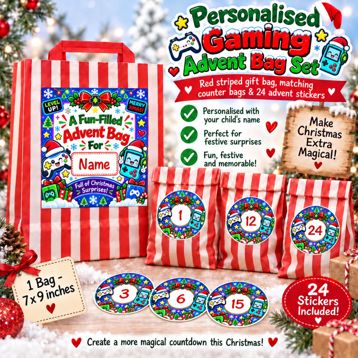 Personalised Gaming Advent Bag Set – 24 Bags & Number Stickers – Any Name Christmas Countdown