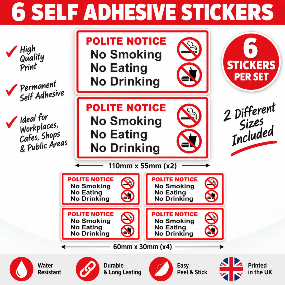 6 No Smoking Eating Drinking  Laminated  Vinyl  Stickers Taxi  Car Van  Hire etc