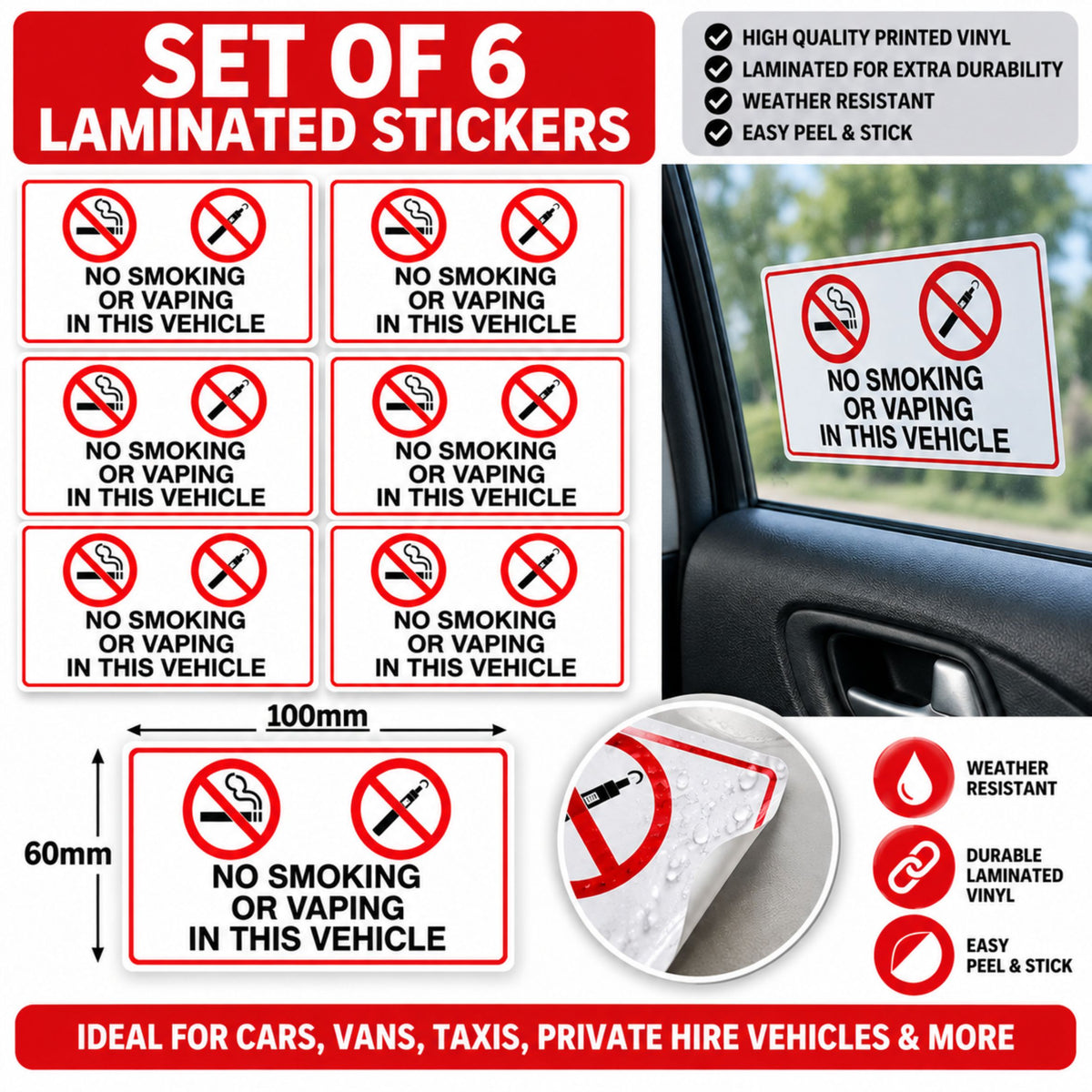6 No Smoking or Vaping Vinyl Stickers Taxi's Minibus Cab Van Truck
