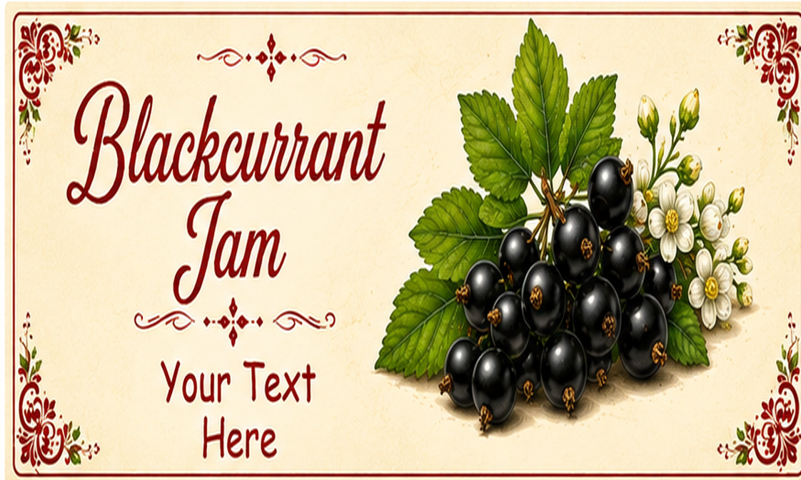 Personalised Blackcurrant Jam Labels, 21 Premium Gloss Vinyl Stickers, 95 x 57mm